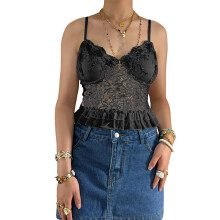 (M, Black) Damen Spitzen-Tanktops für den Sommer, rückenfrei, ärmellos, Spaghettiträger, schmale Passform, gerüschtes Camisole