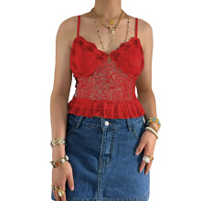 (M, Red) Femeii dantela maiouri vară fără spate fără mâneci cu bretele spaghete Slim Fit camisol cu volane