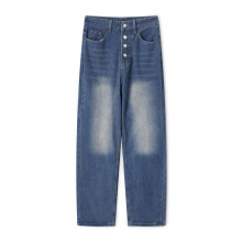 (M, Blue) Pantalones vaqueros de mujer de moda, color liso, pierna recta, estilo denim, ideales para primavera y otoño.