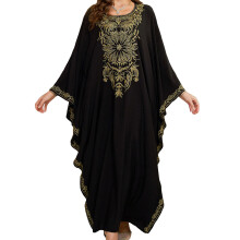 (One Size, Black) Robe de plage longue pour femme, broderie tournesol, manches chauve-souris, col rond, style arabe, ample