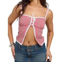 (L, Red) Damen-Camisole, ärmellos, rückenfrei, mit Spitzenbesatz, Schlitz, kariertes Oberteil, Sommerweste für Party und Club