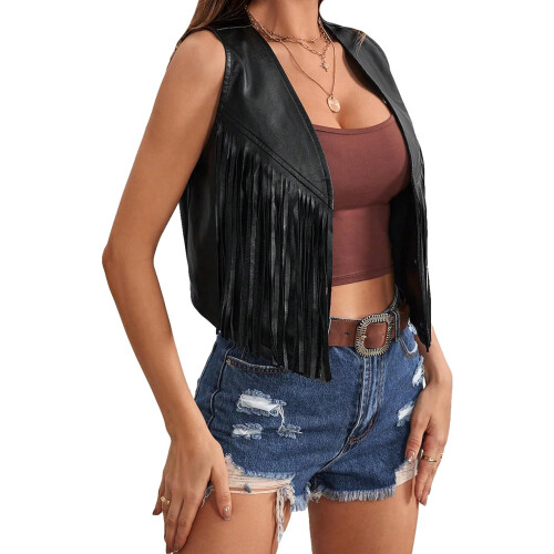 (L, Black) Vestă din piele îmbrăcăminte western