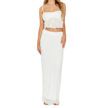 (L, White) Women's Two Piece Summer Outfits Sleeveless Ruffle Hem Cami Tops and Long Skirt Set Beachwear