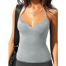 (M, Gray) Women's Low Cut Halter Tops Sleeveless Solid Color Slim Fit Cami Tops Summer Shirts