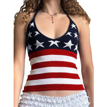 (L, Multi-Color) Women's 4th of July Halter Tops Slim Fit Stylish American Flag Pattern Sleeveless Kint Vest for Summer