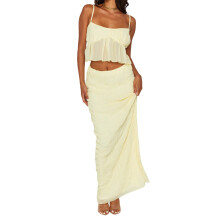(L, Yellow) Women's Two Piece Summer Outfits Sleeveless Ruffle Hem Cami Tops and Long Skirt Set Beachwear