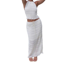 (L, White) Women's 2 Piece Skirt Outfits Halter Neck Ruffle Trim Tank Tops Long Slim Skirt Set