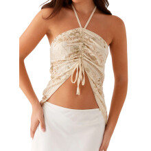 (M, Khaki) Women Crop Halter Tops Summer Sequin Embroidery Drawstring Backless Shirts for Streetwear Aesthetic Grunge Clothes