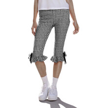 (L, Black) Leggings évasés pour femmes, pantalons capri, style décontracté, imprimé à carreaux, nœud charmant, coupe courte, tendance bootcut.