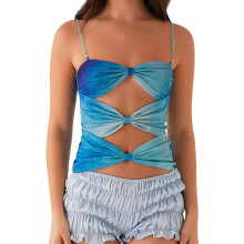(S, Blue) Women's Sleeveless Cami Tops Spaghetti Strap Tie-dye Print Ruched Cutout Camisole Tank Tops