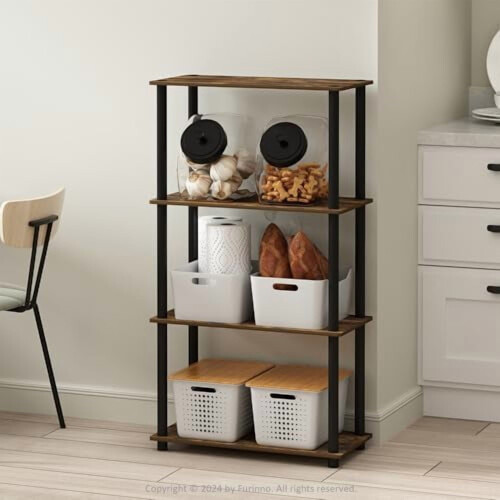 TURN-N-TUBE4-Tier Γωνιακό Ράφι Χωρίς Εργαλεία – Amber Pine, για Αποθήκευση σε Σαλόνι, Γκαράζ & 1