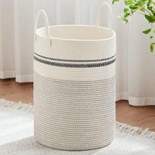 Grote wasmand, hoge opbergmand van gevlochten touw voor dekens, speelgoed en vuile was in de woonkamer, badkamer of slaapkamer - 100 liter, wit met