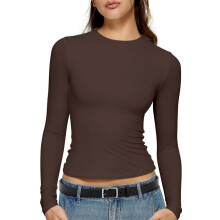 Camisetas de manga larga para mujer, de tacto suave, cuello redondo, corte ajustado, básicas e informales para salir.