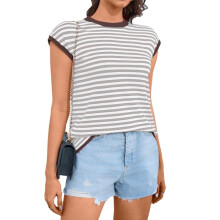 Suéter feminino sem mangas, gola redonda, regata casual listrada, manga curta, coleção primavera 2025, roupa fofa, cinza, tamanho M