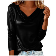 Top de mujer, blusa de manga larga con cuello en V de color liso, top informal con aspecto de piel sintética para un uso diario cómodo.