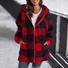 Manteau en peluche pour femme, manches longues, à carreaux, capuche, fermeture éclair, veste polaire ample