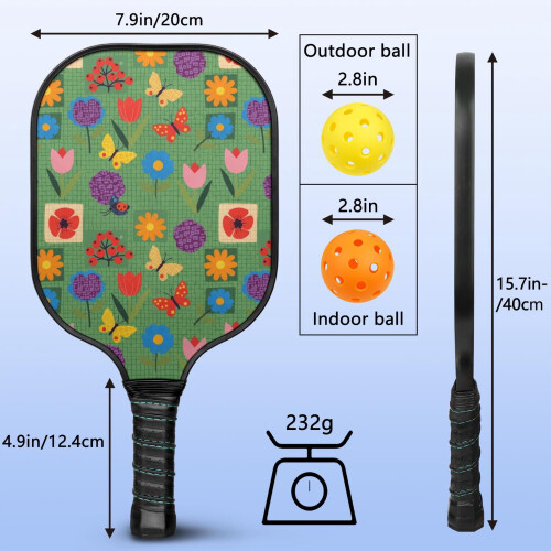 Σετ κουπιών Pickleball από fiberglass με λουλούδια, 2 μπάλες και τσάντα – Συμβατό με 2