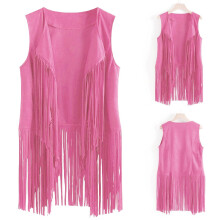 Gilet à franges pour femme, coupe ajustée, ouvert sur le devant, sans manches, style cowboy, rose