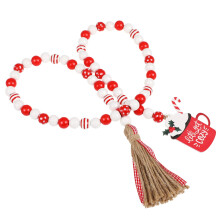 Ghirlanda di perline di legno con nappe, striscione di perline di legno rosso e bianco, decorazioni natalizie in stile rustico da appendere,