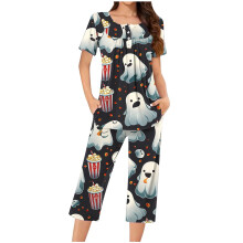 Hátborzongató, kerek nyakú, halloweeni mintás, ijesztő pizsama szett, női, kétrészes, rövid ujjú, capri nadrágzsebekkel, S-3XL méretben