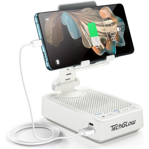Foldable Phone Stand with Bluetooth Speaker & Charging, 360 Rotatable – Compatible with iPhone/Android – White