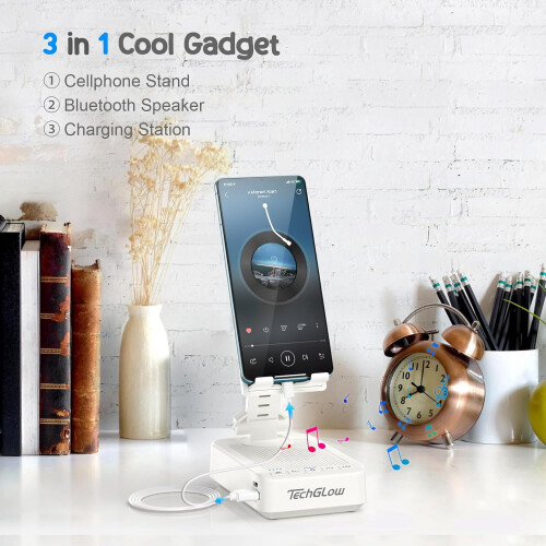 Foldable Phone Stand with Bluetooth Speaker & Charging, 360 Rotatable – Compatible with iPhone/Android – White 1