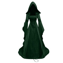 Halloween Renässans Medeltida Klänning med Huva för Dam Elegant Vintage Hofkorsettklänning 2025 Mode Långärmad Golvlång Klänning Grön