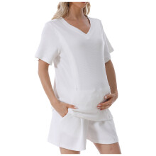 Womens Maternity Nursing Outfit Shirts Short Sleeved and Shorts Set V Neck Zipper Breastfeeding Tops Ladies Loungewear White L