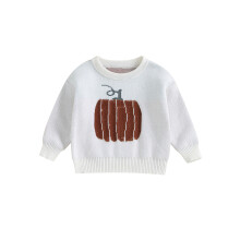 (3-4 Years, White) Little Boy Girl Halloween Sweater Pumpkin Embroidery Crew Neck Long Sleeve Pullover Tops for Fall Winter