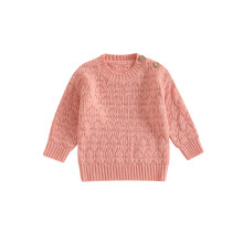 (2-3 Years, Pink) Suéter infantil de cor sólida, com botões nos ombros, manga comprida, gola redonda e acabamento canelado.