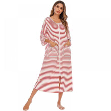 Baozhu Damrock med dragkedja, 3/4-ärmar, dragkedja fram, långa morgonrockar, nattlinnen med fickor, randiga loungewear, S-2XL
