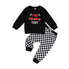 (2-3 Years, Black) Ensemble bébé garçon : sweat-shirt long avec imprimé voiture et pantalon à carreaux.