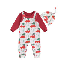 (6-9 Months, Red) Vianočný overal pre deti s dlhým rukávom, okrúhlym výstrihom, potlačou stromčeka a čiapkou.