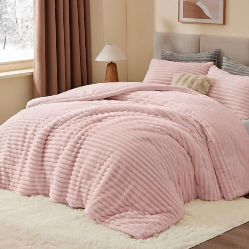 Fleece Queen Comforter Set Pink 3-Piece Winter Bedding 1
