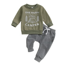 (12-18 Months, Army Green) Ensemble 1er anniversaire garçon : pull imprimé arbre et pantalon uni.