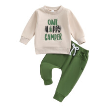 (12-18 Months, Beige) Ensemble 1er anniversaire garçon : pull imprimé arbre et pantalon uni.