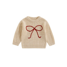 (18-24 Months, Beige) Dívčí podzimní svetr s mašlí, výšivkou a dlouhým rukávem, kulatým výstřihem, volným pleteným svetrem