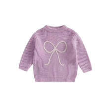 (6-12 Months, Purple) Dívčí podzimní svetr s mašlí, výšivkou a dlouhým rukávem, kulatým výstřihem, volným pleteným svetrem
