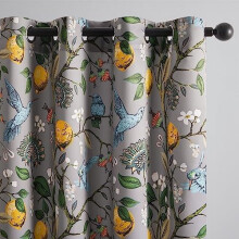 54" Grey/Black Blackout Curtains, Grommet, Floral Lemon Hummingbird Pattern – Compatible with Waverly Drapes