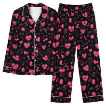 Plus Size Valentinsdagspyjamassæt til kvinder, langærmet med knaplukning foran, blød dobbeltbørstet flannel, matchende top og bund med lomme,