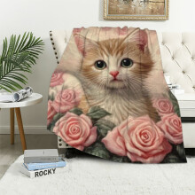 Pink Rose Cat Blanket 40x50in – Soft Flannel Throw for Women, Girls & Moms – Valentine's Day Gift – Compatible with Cozy Bed/Sofa Decor