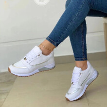 Tênis feminino casual com sola grossa, cano baixo, cadarço, branco, tamanho 7,5 EUA.