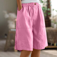 Dame Ensfargede Halvlange Shorts Bukser Sommer Elastisk Midje Knapper Avslappet Lommer Bukser