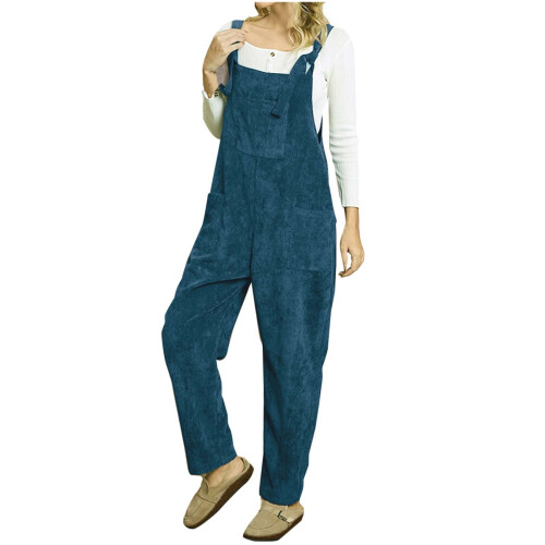 Macacão feminino de veludo cotelê com pernas largas e modelagem ajustável, com bolsos. 1