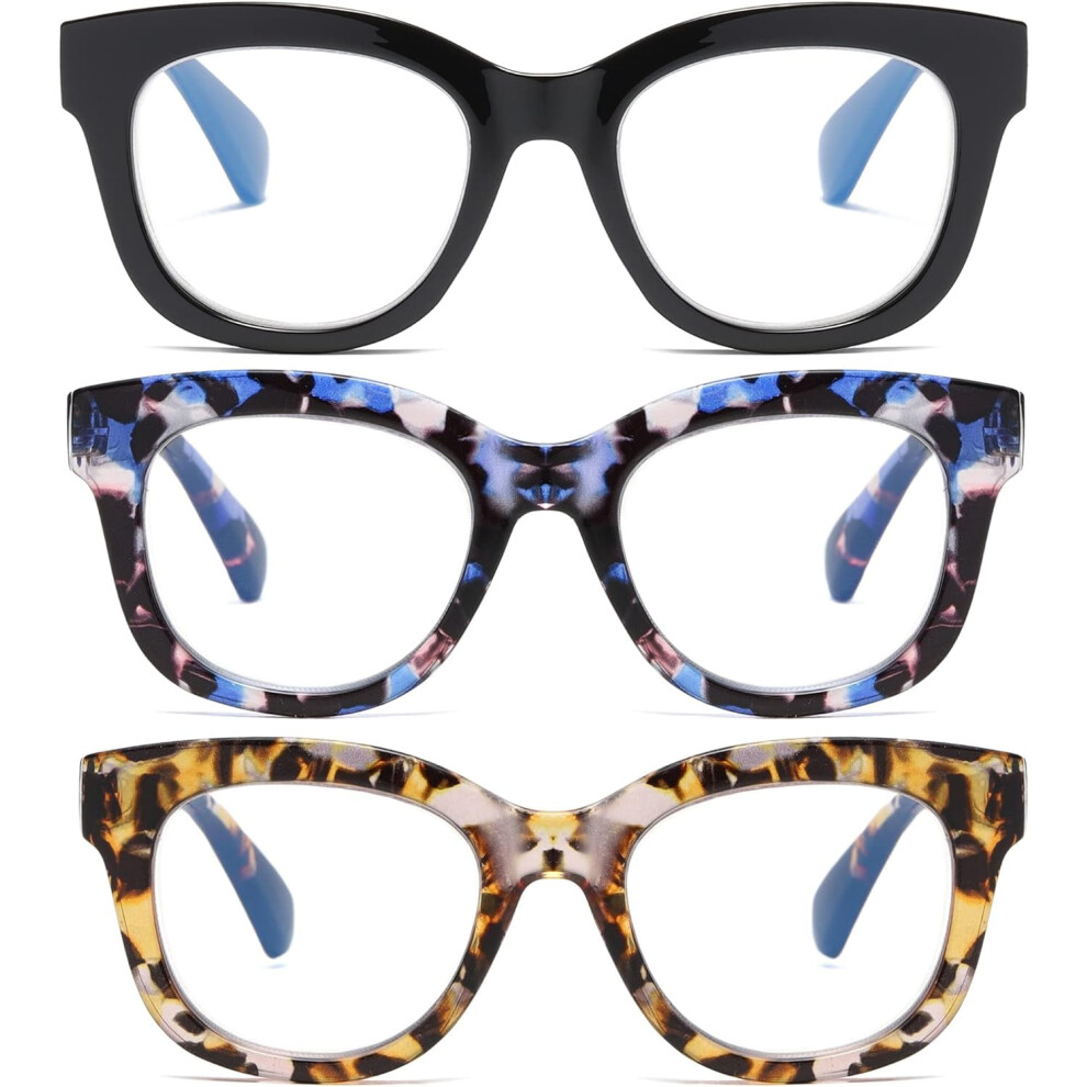 Blue/Light 3 Pack Oversized Blocking Reading Glasses For Women, Retro Style Readers With Spring Hinge +1.50