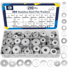 290Pcs Flat Washers, 304 Stainless Steel Fender Washers Assortment, 15 Different Sizes Wide Washer M3 M4 M5 M6 M8 M10 M12 Assorted Flatwashers Kit
