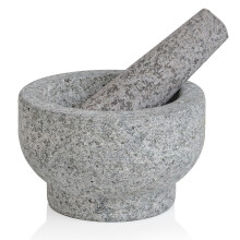 Grey Mortar and Pestle Set - 5 Inch - 1 Cup Capacity - Heavy Granite for Grinding Spices, Herbs and Avocado Masher for Guacamole and Pesto