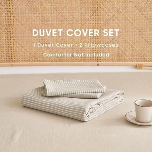 Randigt påslakanset i tvättad bomull, Queen size 1
