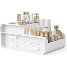 Grand organisateur de maquillage blanc avec 3 tiroirs et 9 compartiments pour rouges à lèvres et pinceaux – Rangement de coiffeuse à poser