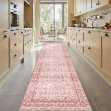Tapis de couloir fin rose vintage 3x10, tapis rétro lavable antidérapant à poils courts en fausse laine, tapis de sol vieilli pour cuisine,
